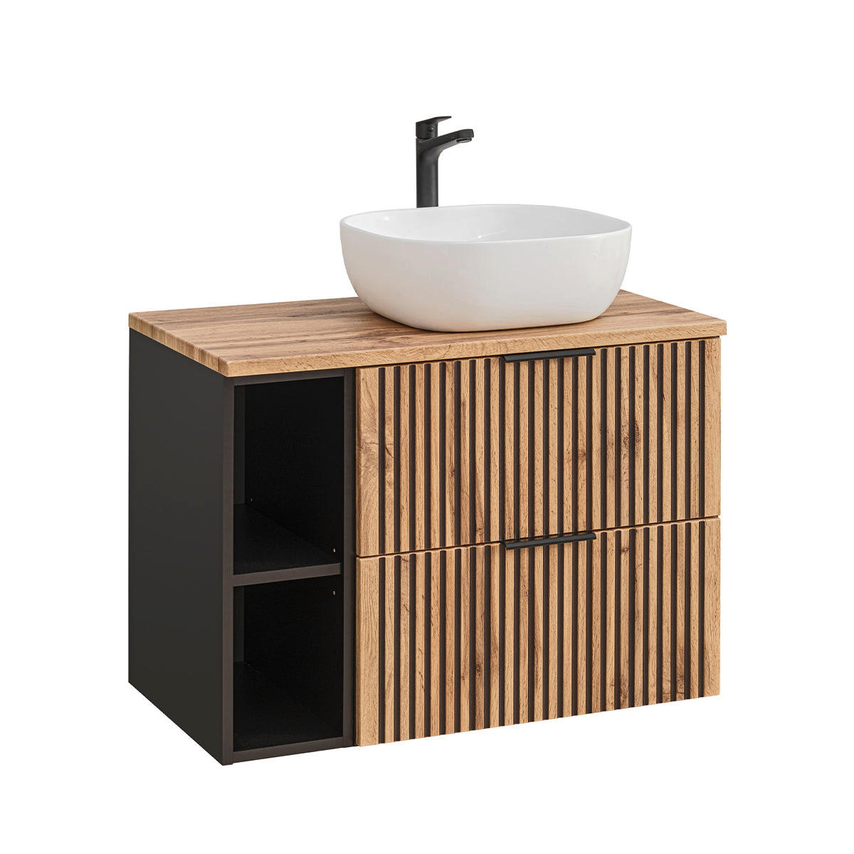 BADMÖBEL 80.6cm Gaia 2er-Set Holz in Eichenoptik und Schwarz - Schwarz, Holzwerkstoff (80.6/59/46cm) - Petits-meubles