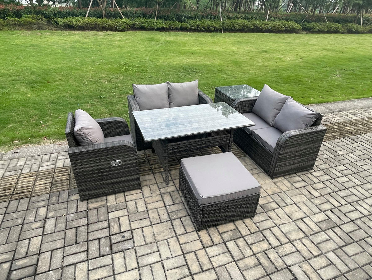 Gartenmöbelset mit Esstisch,Hocker,Beistelltisch Polyrattan Dunkelgrau 6-Sitzer - Dunkelgrau/Grau, Glas/Kunststoff - Fimous