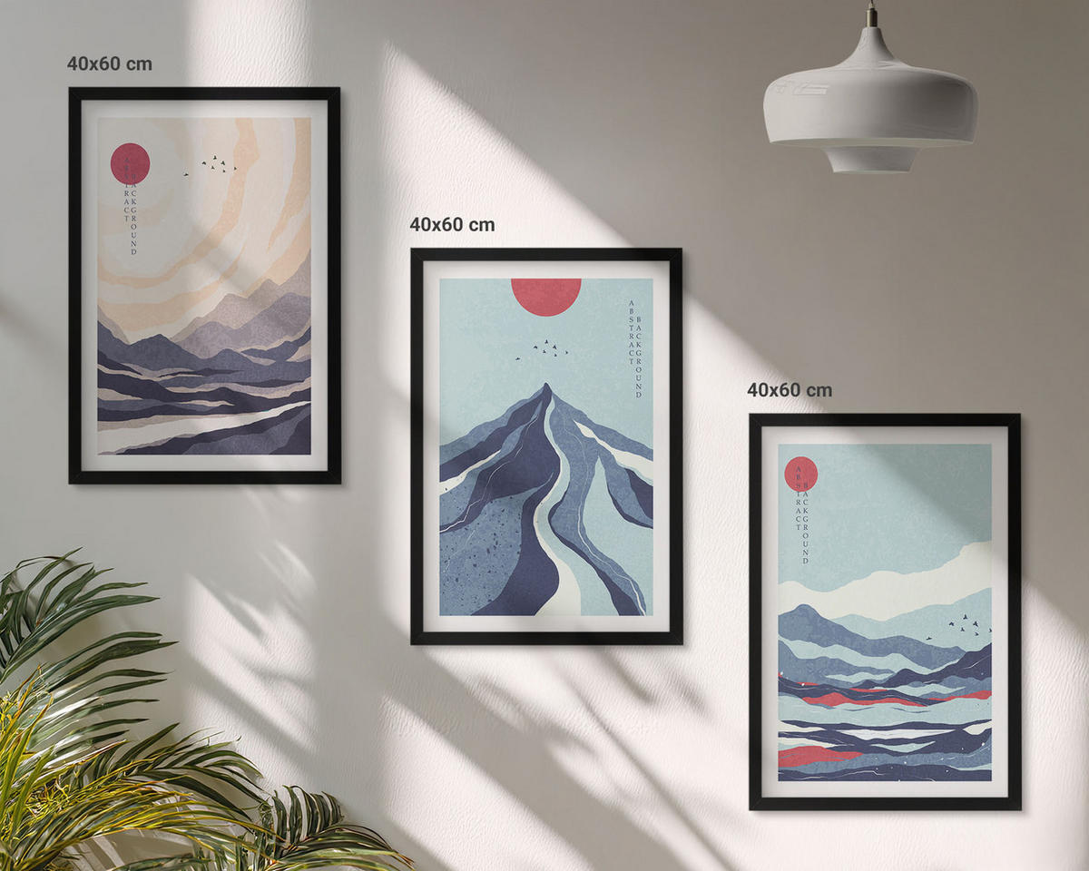 BILDER SET 3er Set - 40x60 cm Schwarzer Rahmen - Abstrakte japanische Berge - Schwarz, Kunststoff (40/60cm) - TULUP