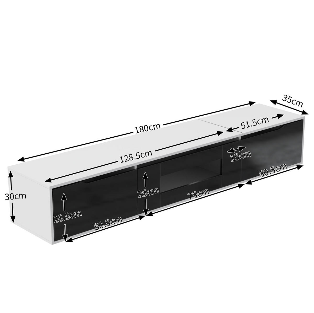 TV-SCHRANK 180/30/35 cm weiß Hochglanz mit LED-Beleuchtung, 16 Farben - Schwarz, Holzwerkstoff (180/35/30cm) - OKWISH
