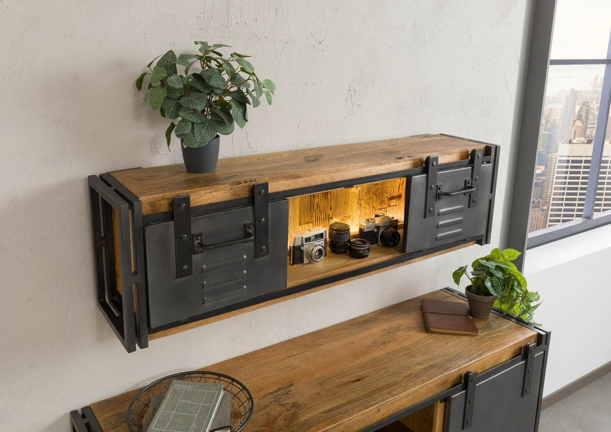 WANDREGAL Mango / Altholz 130x25x35 natur lackiert / Metall grau BLACKBURN LUX #560 - Naturfarben, Holz (130/35/25cm) - Massivmoebel24