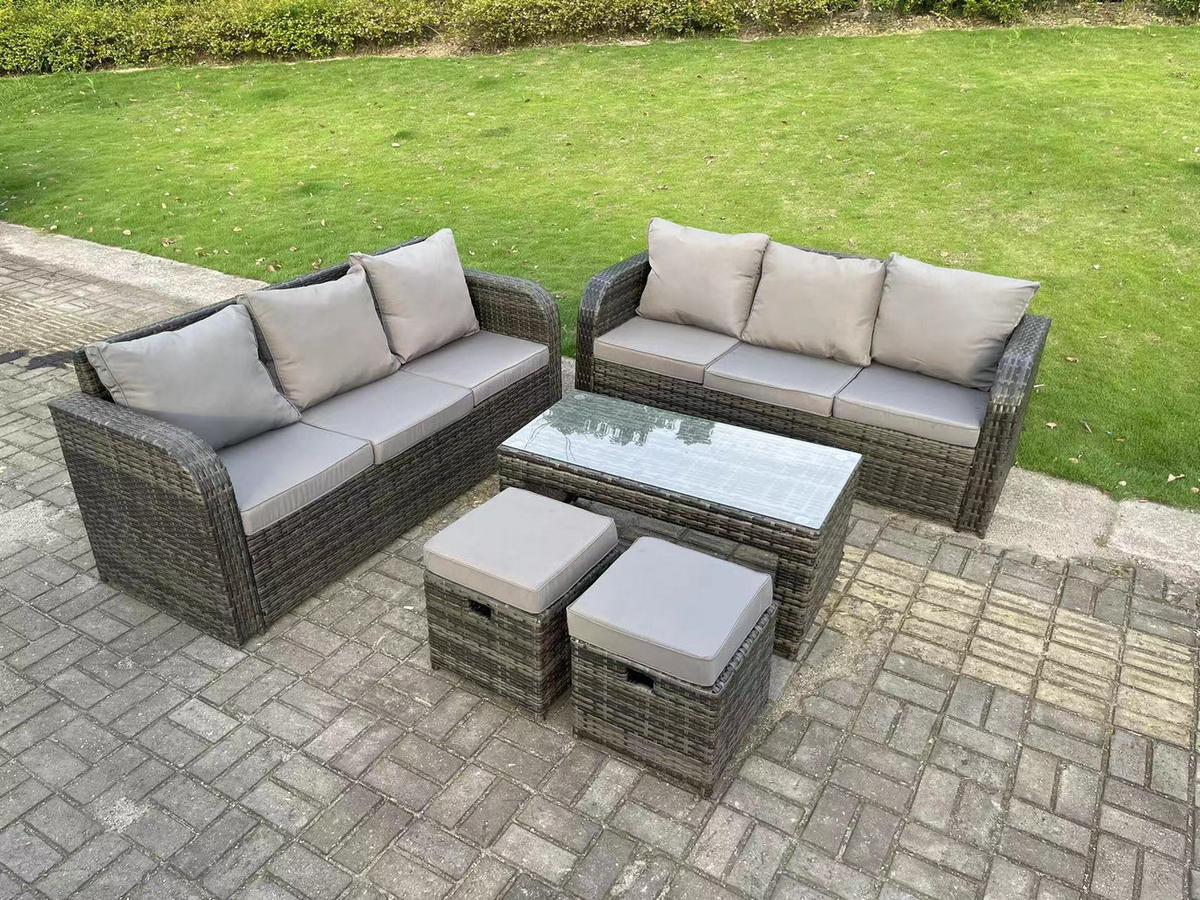 GARTENSOFA SET Polyrattan 8-Sitzer - Dunkelgrau/Grau, Glas/Kunststoff - Fimous