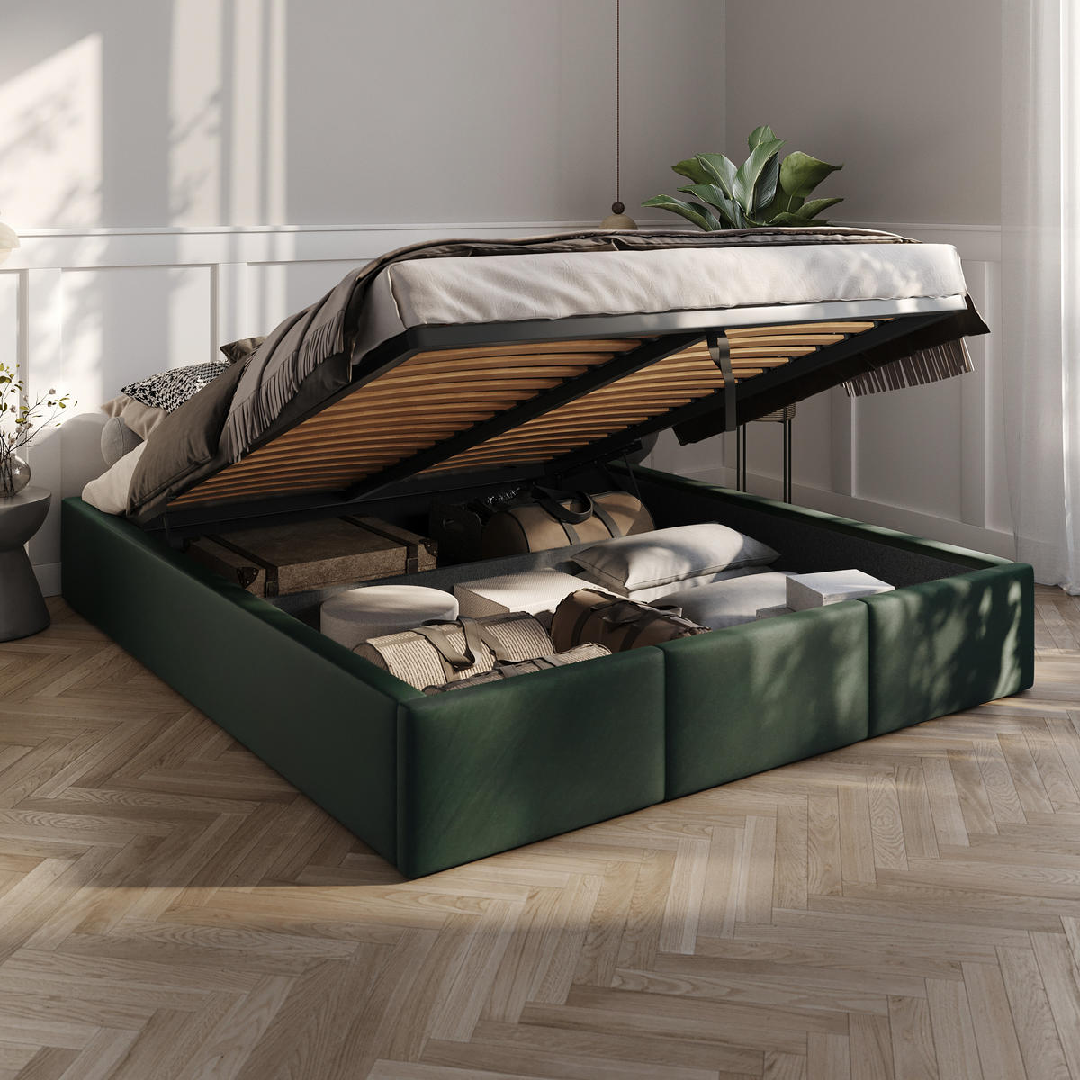 POLSTERBETT für Schlafzimmer Bett mit Stauraum Flaschengrün 160x200cm - Dunkelgrün, Holzwerkstoff/Textil - Muralo