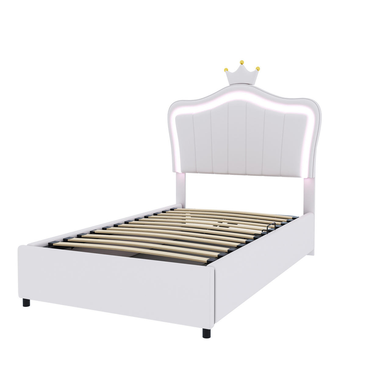 POLSTERBETT 90/200 cm Weiß mit Kronendesign und LED-Beleuchtung - Weiß, Holzwerkstoff (90/200cm) - OKWISH