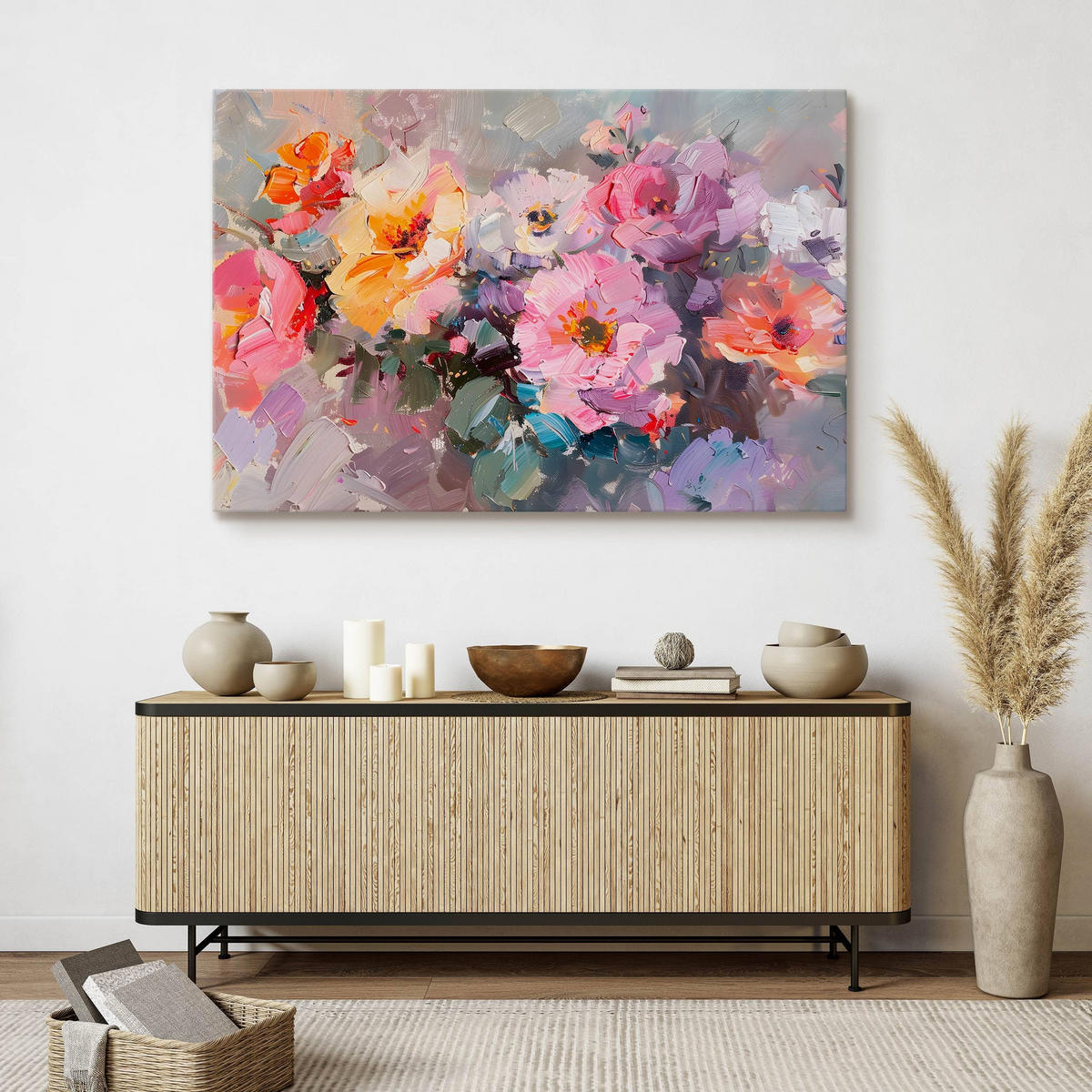 LEINWANDBILD für Wohnzimmer bunte Blumen Malarei 120cm x 80cm - Blau/Beige, Textil (120/80cm) - Muralo