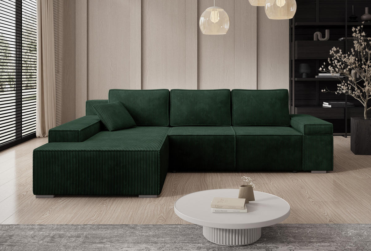 ECKSOFA Milo mit Schlaffunktion und Bettkasten, Couch L-Form, Cord-Stoff, 273x85x185 cm, Grün - Grün, Holz (185/273cm) - PROMETO Möbel