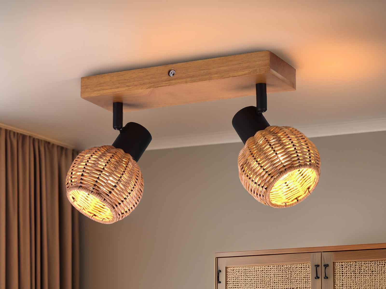 DECKENSTRAHLER Holz Breite 30cm, Lampenschirme Rattan - Naturfarben, Naturmaterialien/Holz (14/30/18cm) - meineWunschleuchte