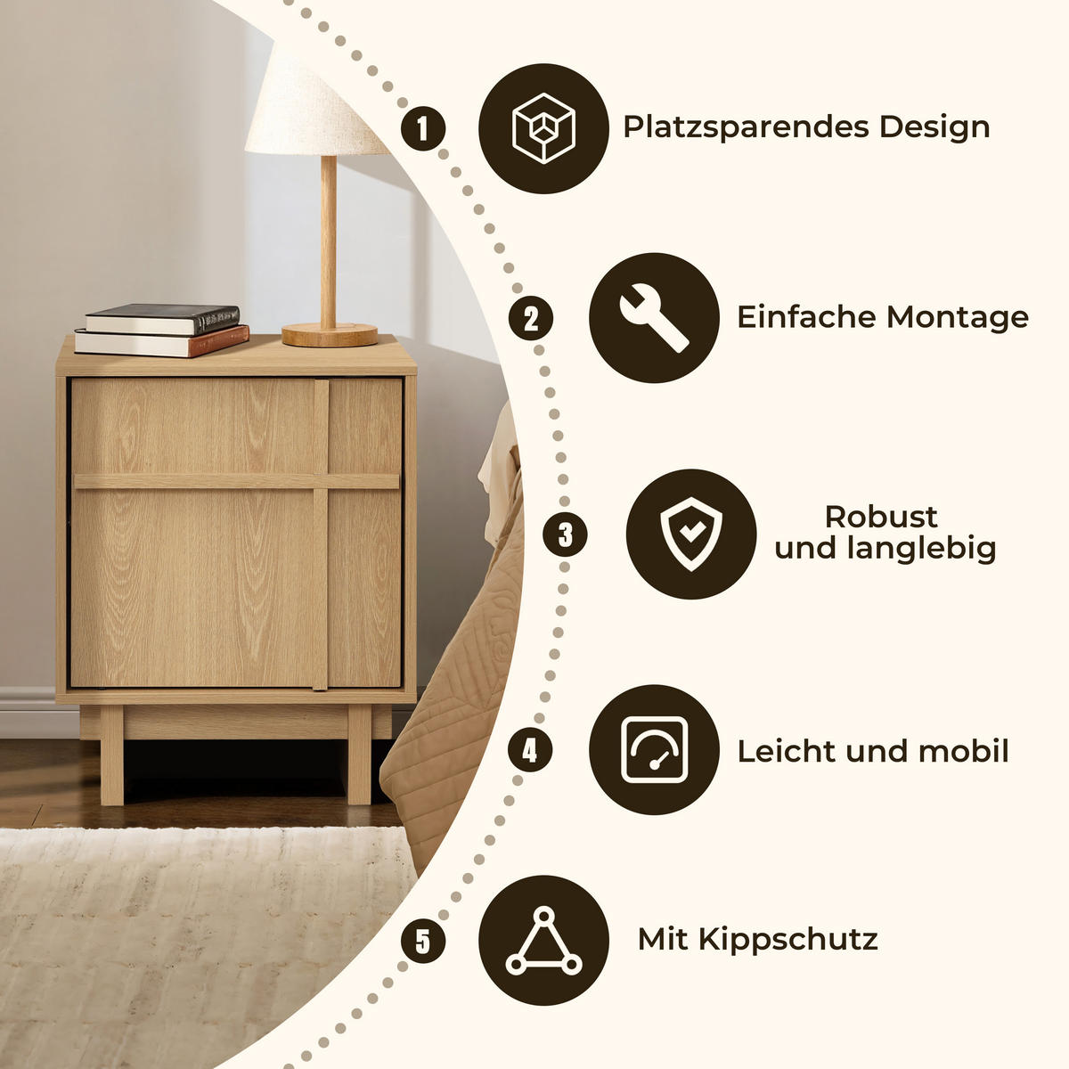 NACHTTISCH modern mit Tür und Stauraum, Eichenoptik mit geometrischer Holzleisten-Front | B40 × T40 × H50 cm - Braun, Holzwerkstoff (40/50/40cm) - Hometopia