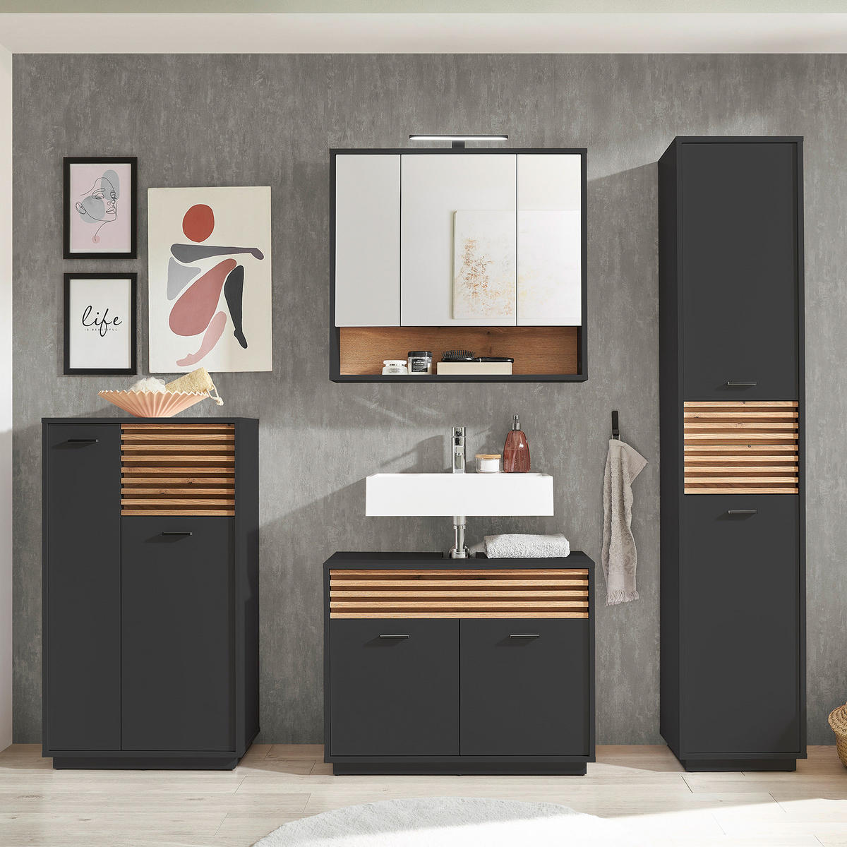 WASCHBECKENUNTERSCHRANK - Anthrazit, Holzwerkstoff (80/64/40cm) - home24