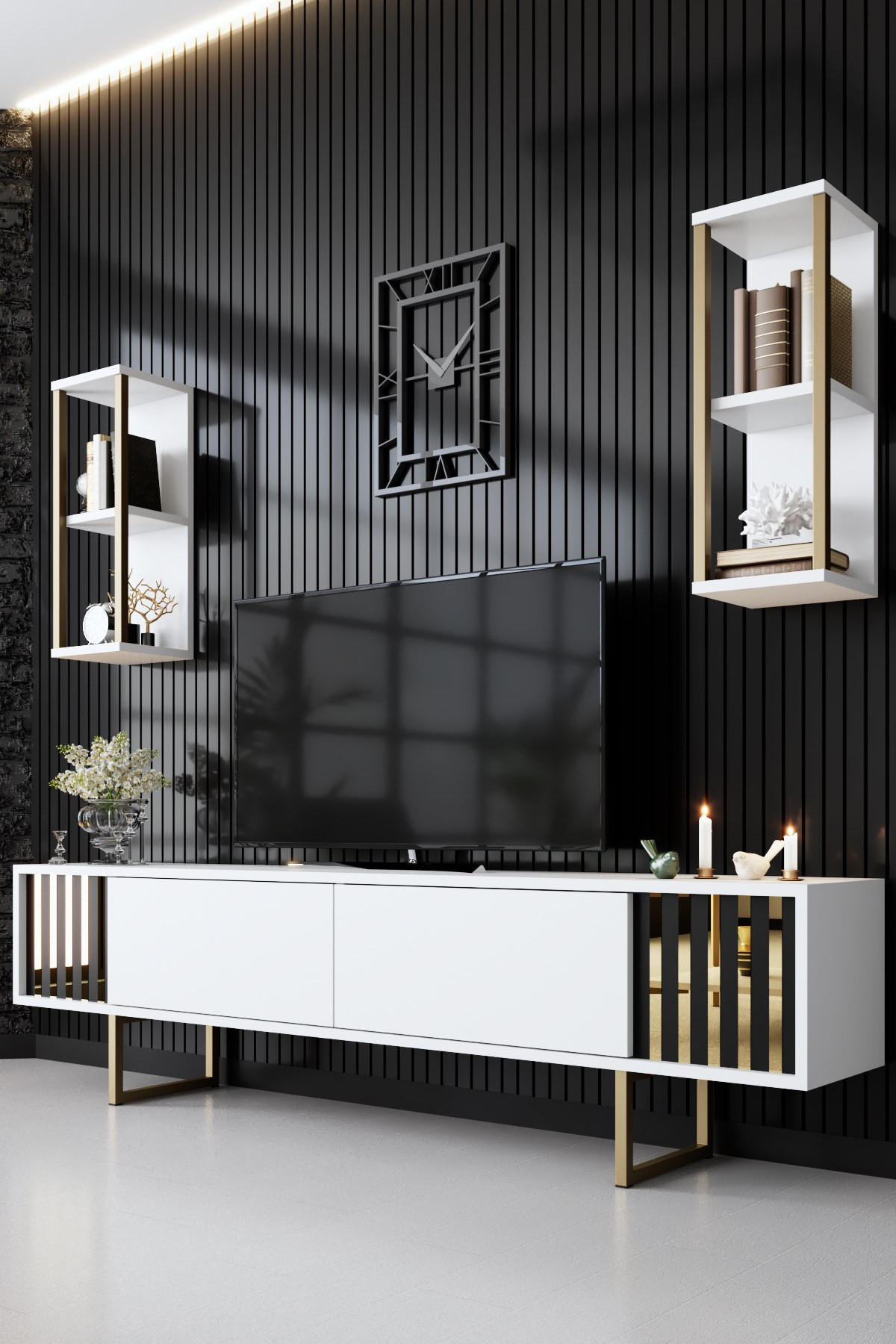 TV-MÖBEL Gold Line Weiß-Schwarz - Schwarz/Weiß, Holz (180/48/30cm) - Habitat Garten