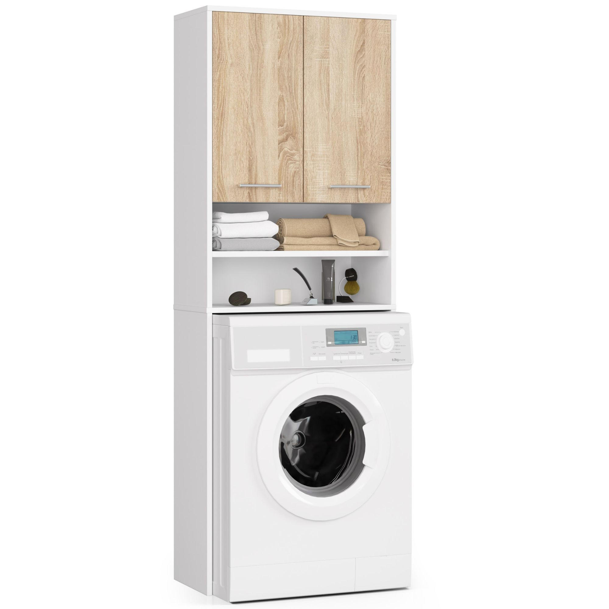 Akord Waschmaschinenschrank Weiß, Sonoma Eiche 64x180x30 cm