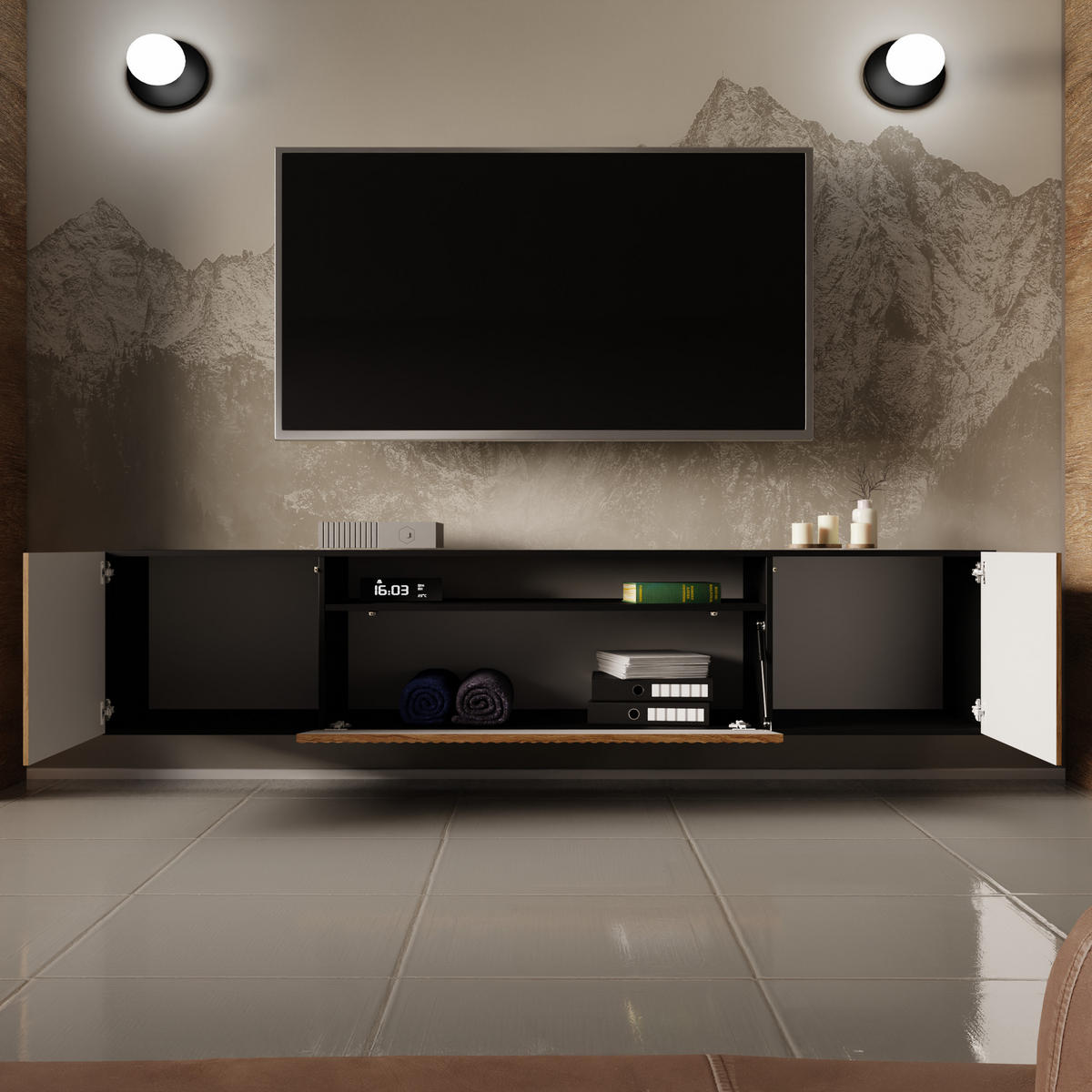 TV-SCHRANK NOE - Wildeiche/Schwarz, Holzwerkstoff (200/40/41cm) - Meblini