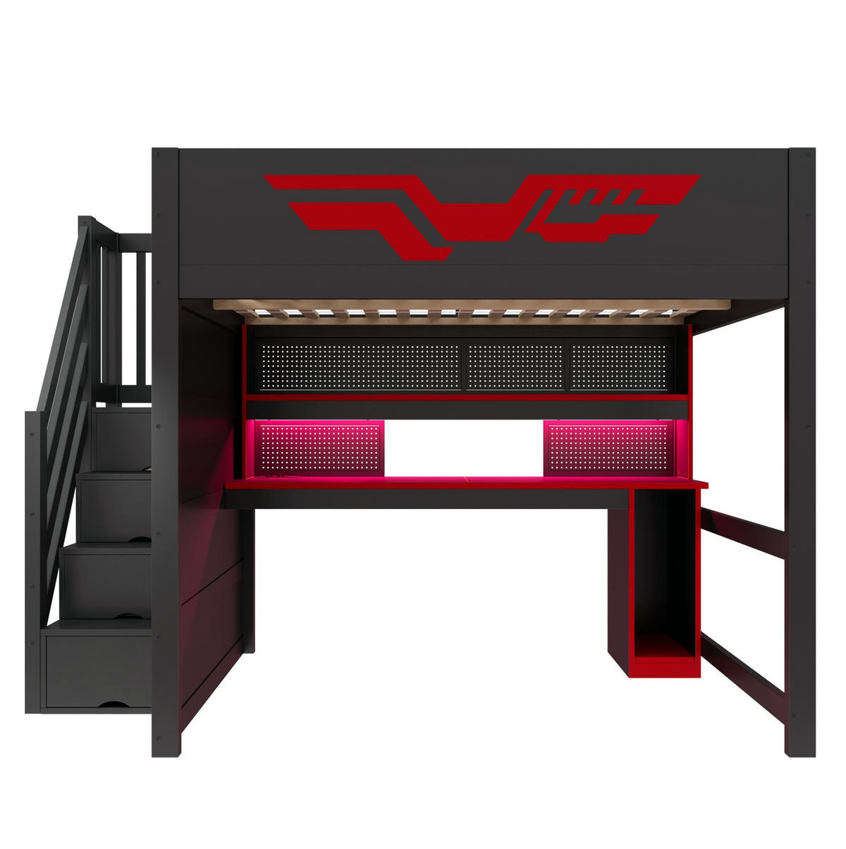 HOCHBETT aus MDF und Sperrholz 140x200 cm Schwarz/Rot mit Schreibtisch, Stauraumtreppe, LED und USB - Schwarz, Holzwerkstoff (140/200cm) - IVMEU