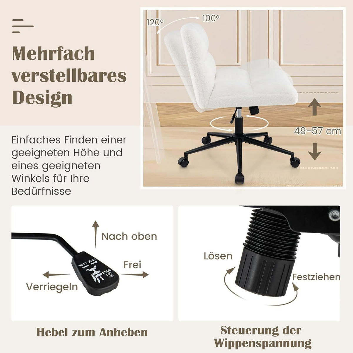BÜROSTUHL Beige - Beige, Textil (73/87/69cm) - COSTWAY