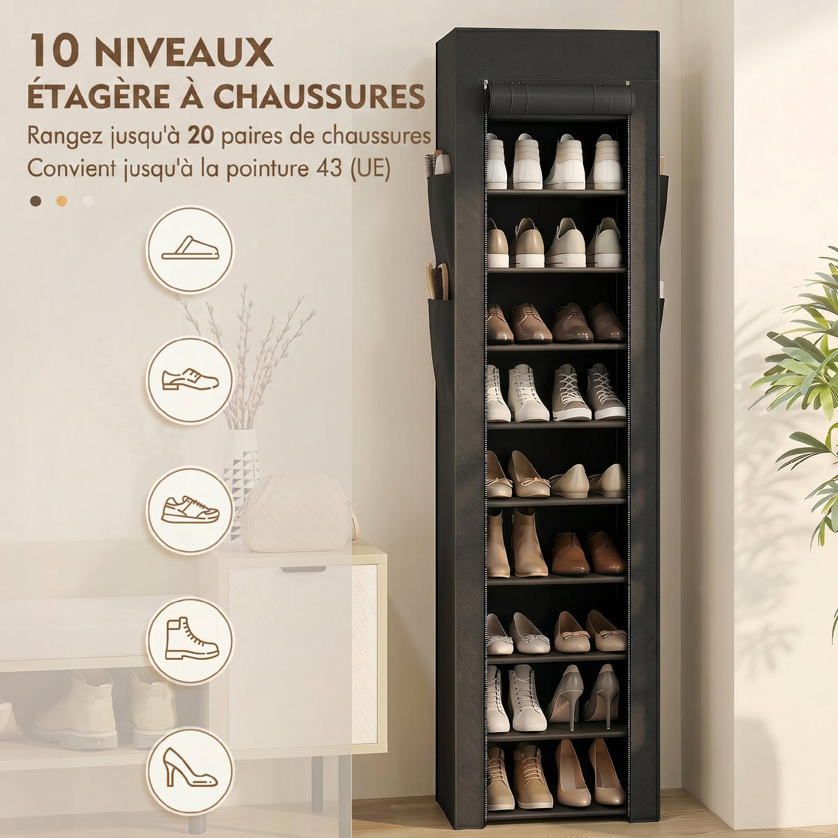 SCHUHREGAL,10 Etagen Metall mit Staubhülle für 20 Paar,schwarz - Schwarz, Kunststoff (45/175/30cm) - Vallsero