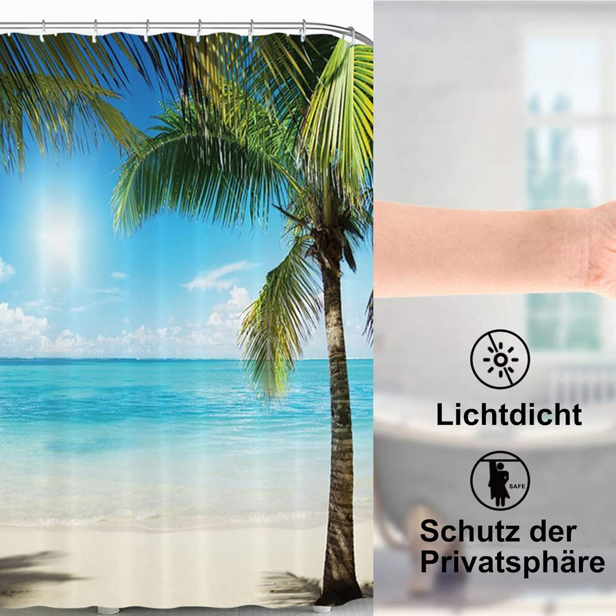 DUSCHVORHANG Strand 3D wasserdicht 180 x 180 cm waschbar mit Ringen - Multicolor, Textil (180/180cm) - MCBOSON