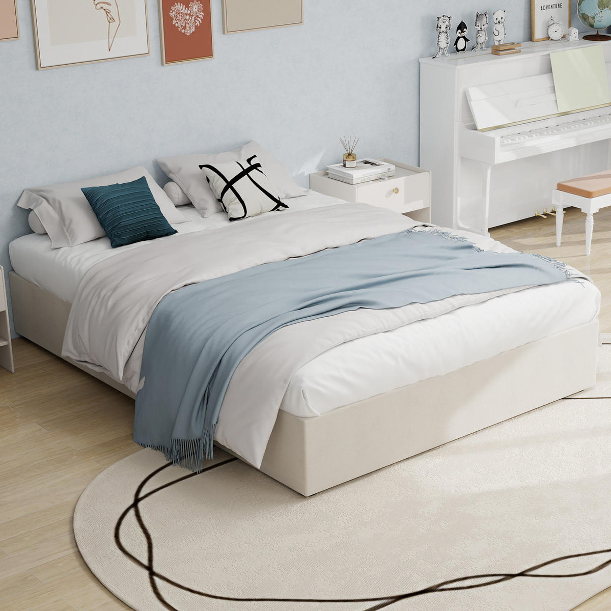 POSTEL 160/200 cm s plynovými písty a pevnou kovovou konstrukcí v látkovém čalounění, Béžová - béžová, textil (160/200cm) - Redom