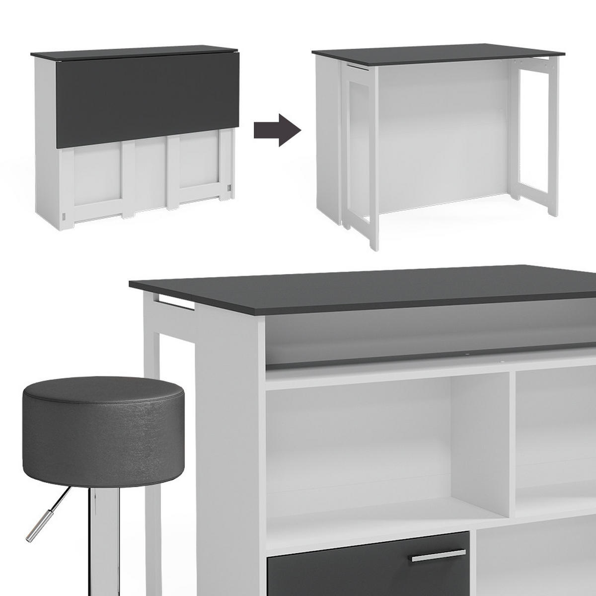 BARTISCH-SET Dominic Anthrazit/Weiß 116 x 37 cm mit 2 Barhockern - Anthrazit/Weiß, Holzwerkstoff (116/90.5/37cm) - Vicco