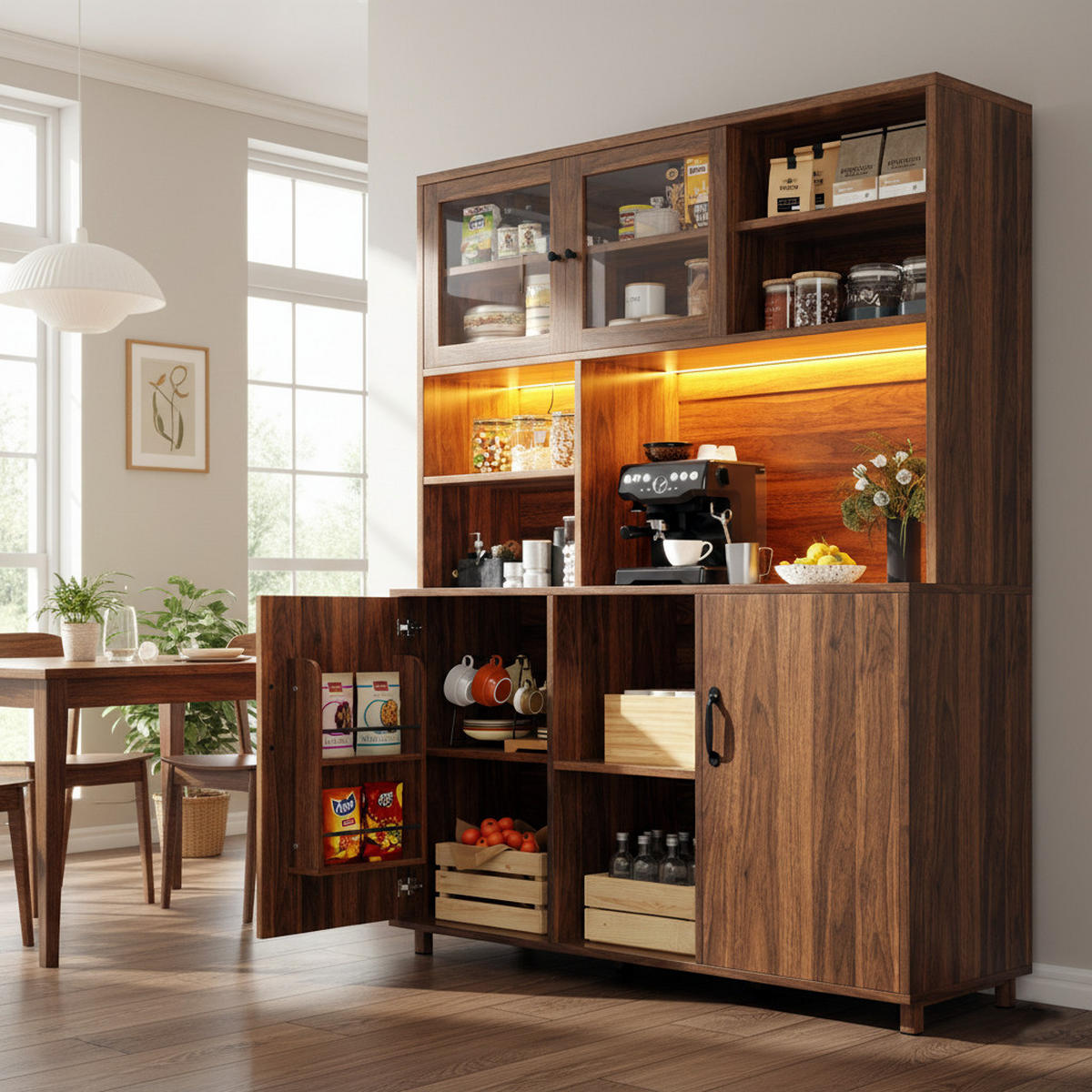 HIGHBOARD Holzoptik Walnuss mit LED & Glastüren - Walnussfarben, Glas/Holzwerkstoff (120/185/40cm) - Urban Meuble