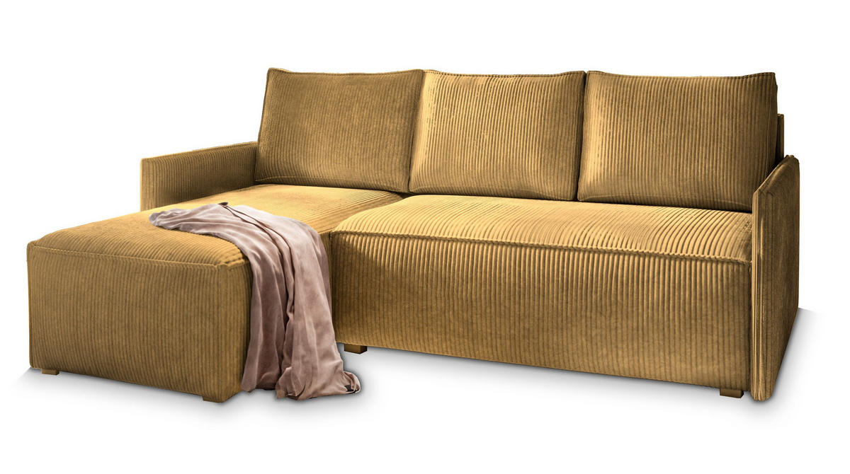 ROHOVÁ SEDAČKA PERUSI žlutá - šedá/žlutá, dřevo/textil (206/143cm) - MASSENO