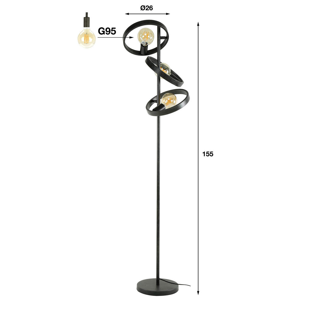 STEHLEUCHTE Hover Schwarz 40/40/155 cm - Schwarz, Metall (40/40/155cm) - Hoyz Collection
