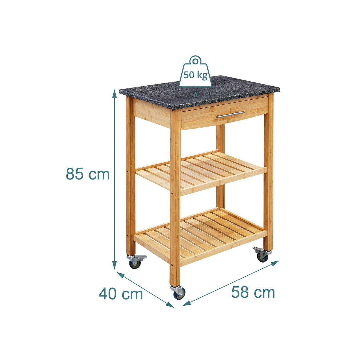 VOZÍK Prírodná antracit bambus žulová doska - svetlohnedá, kov/drevo (58/85/40cm) - Relaxdays