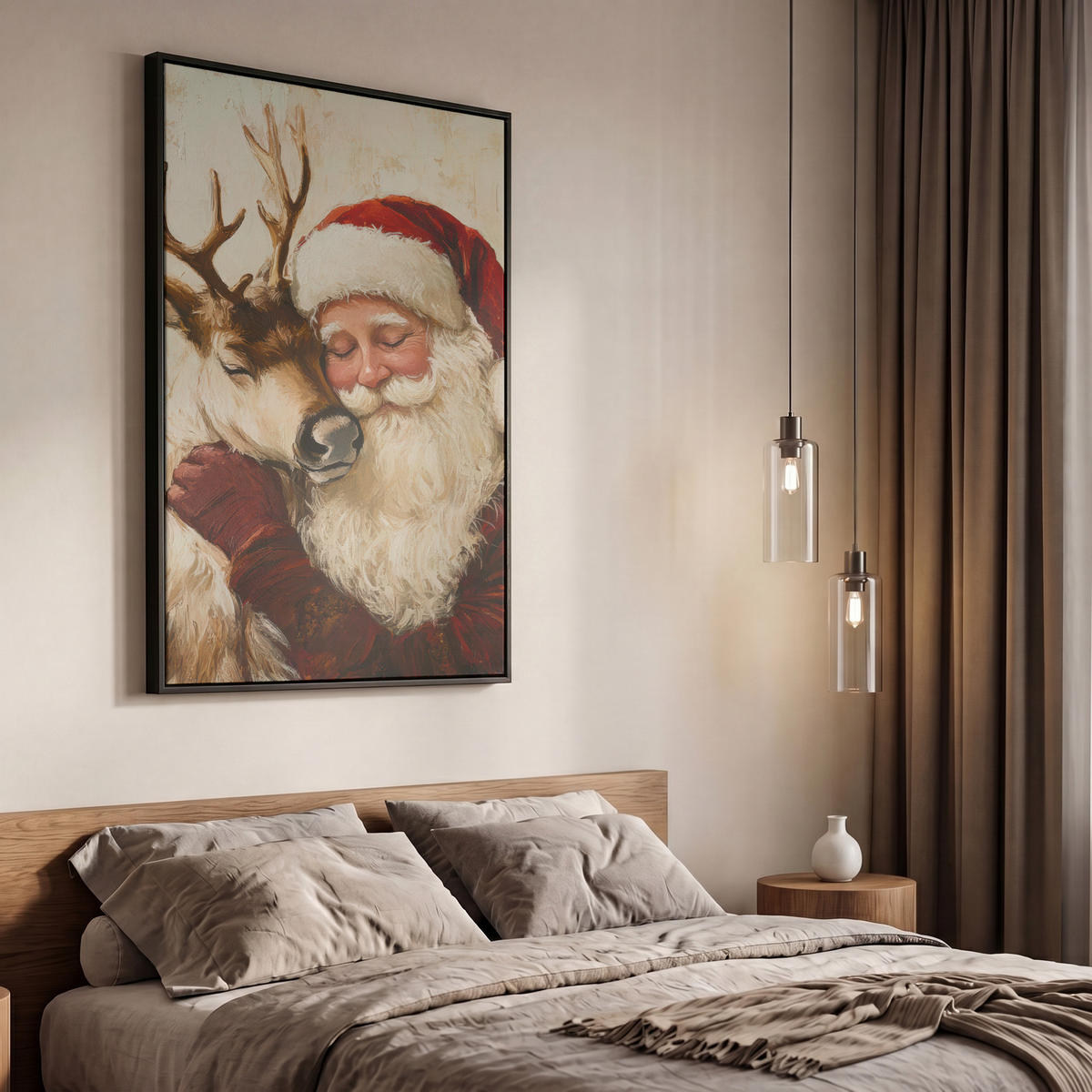 LEINWAND Bilder mit Rahmen - Weihnachtsmann - Rentier - Weihnachten - 60x90 - Rotbraun, Textil (60/90cm) - MuchoWow