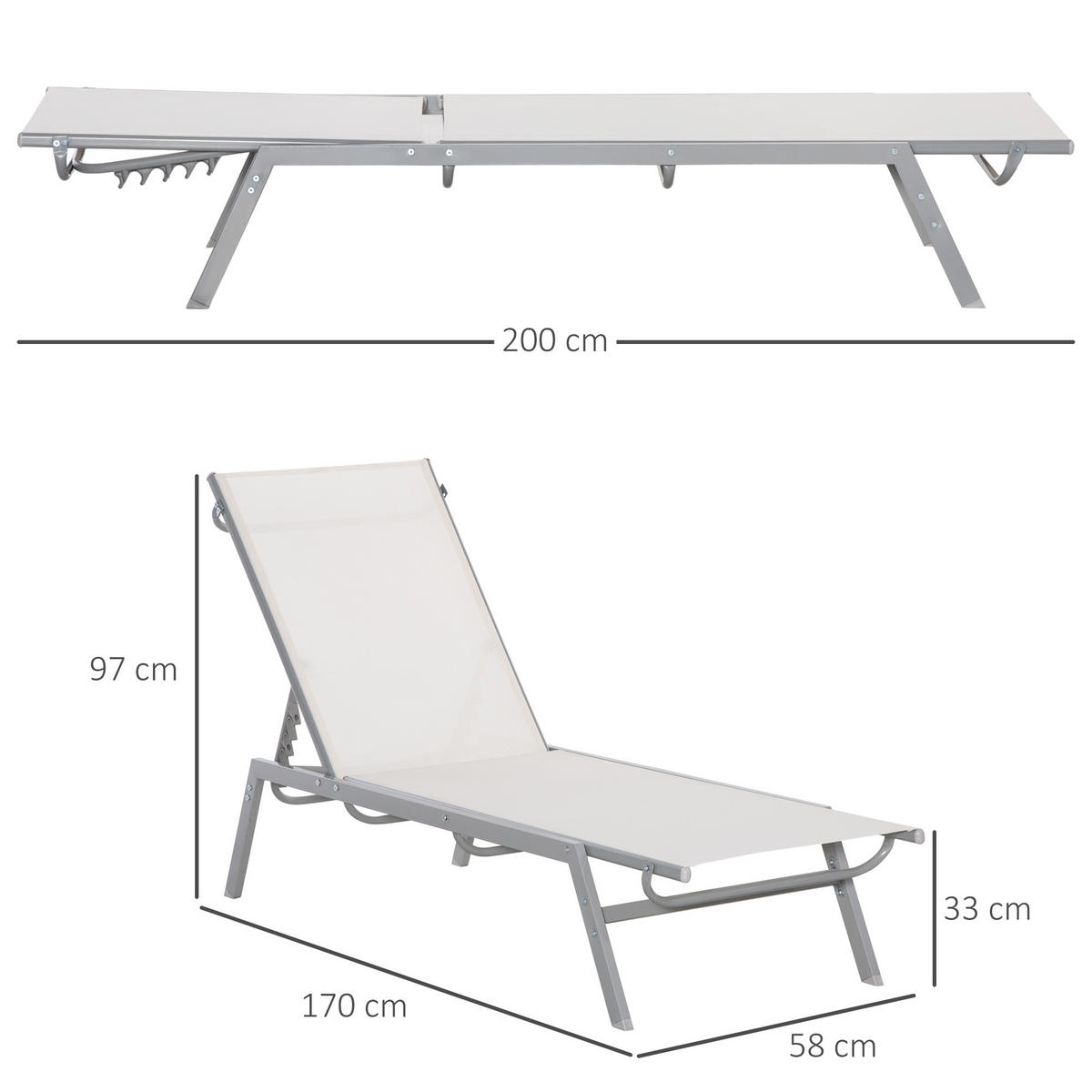 GARTENLIEGE mit 5-stufige Rückenlehne aus Metall, 170 x 58 x 97 cm - Creme, Kunststoff/Metall (58/97/170cm) - Outsunny