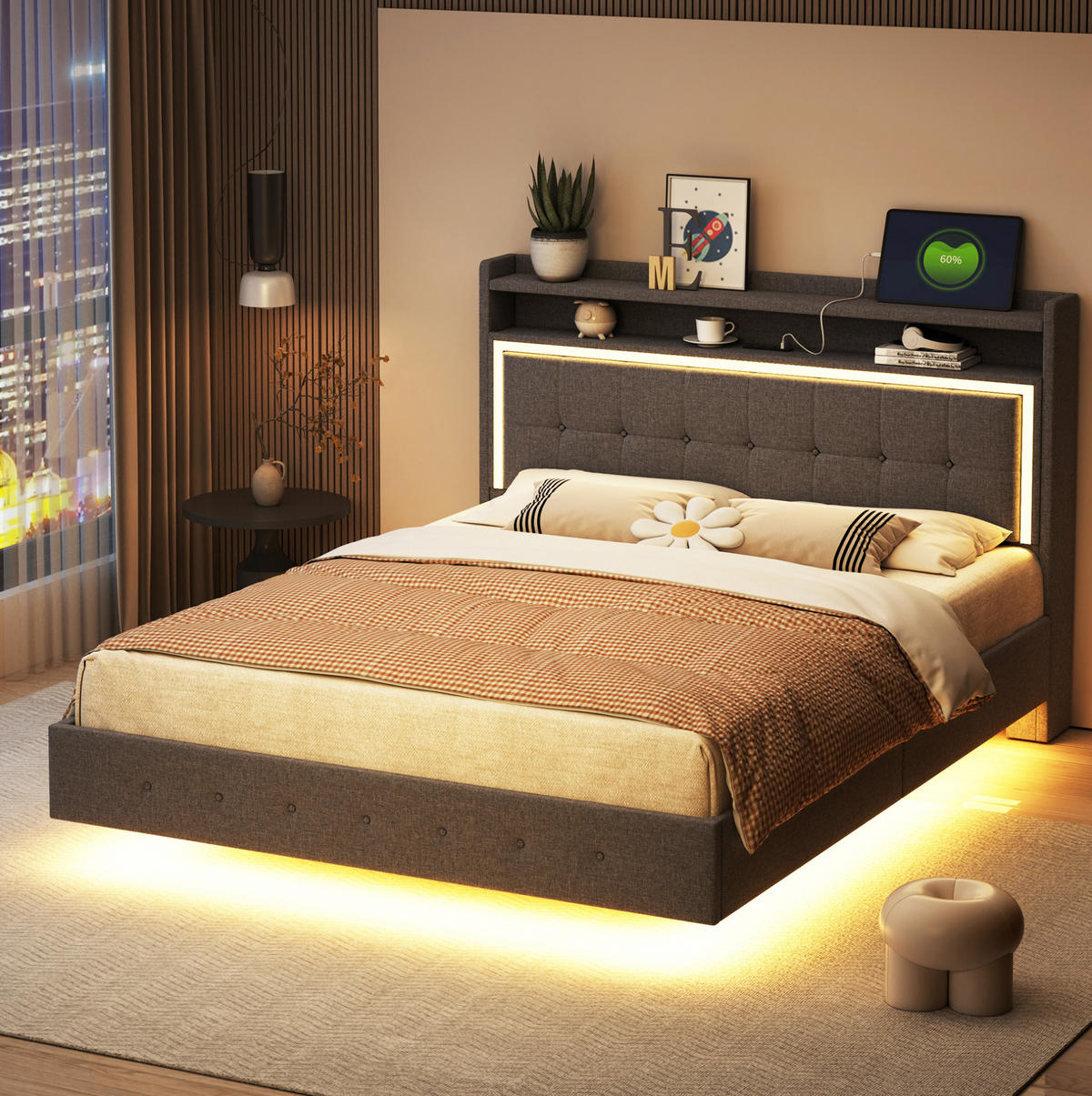POLSTERBETT mit USB-Steckdose und LED 140x200 cm Grau - Grau, Metall (140/200cm) - Meubliv