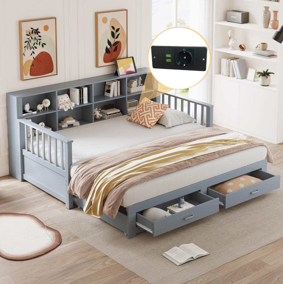 BETT aus Kiefer 90x190/180x190 cm Grau mit Ausziehfunktion, Stauraum, Steckdose und 2 Schubladen - Grau, Holzwerkstoff (90/190cm) - Modfu