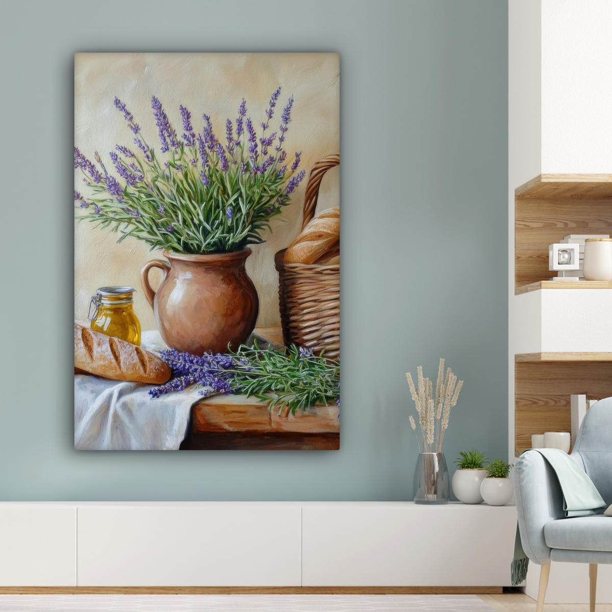 LEINWANDBILD Lavendel - Brot - Stilleben 80x120 cm - Flieder, Textil (80/120cm) - MuchoWow