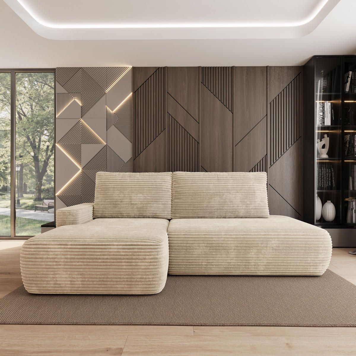 ECKSOFA AVINI T L-S Creme Kordstoff mit Schlaffunktion - Creme, Holzwerkstoff/Textil (277/160cm) - MASSENO