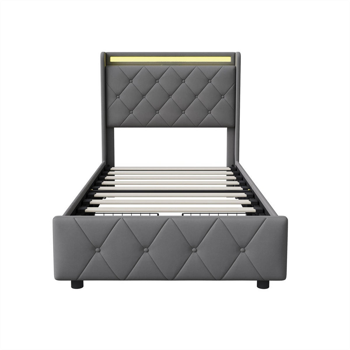 POLSTERBETT 90x200 cm mit 2 Schubladen & LED-Beleuchtung - USB-Anschlüsse - ohne Matratze - Grau - Grau, Textil (90/200cm) - DELFA