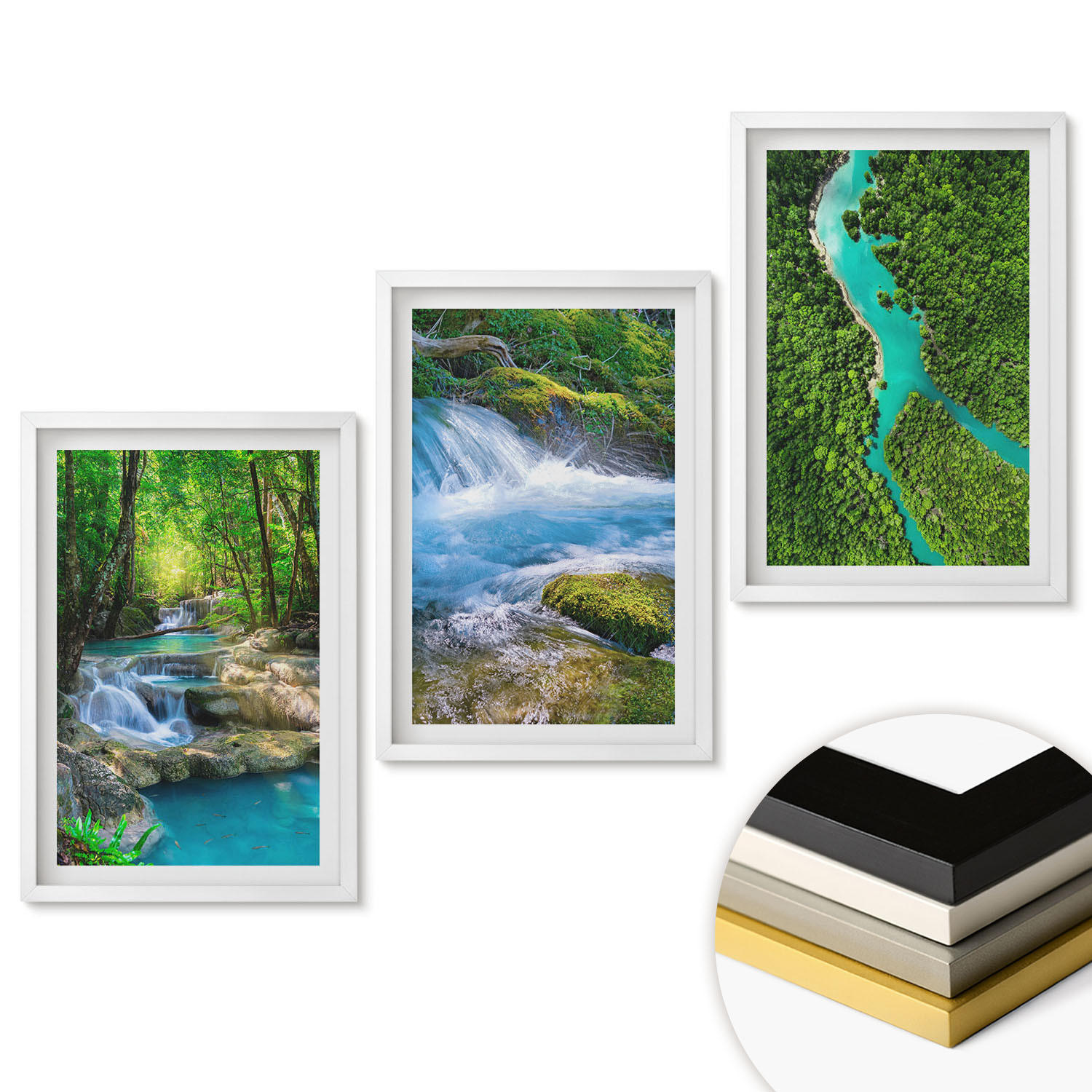 WANDBILDER 3er-Set - 40x60 cm Weißer Rahmen - Grüne Wälder, kristallklares Wasser - Weiß, Kunststoff (40/60cm) - ArtPrintCave