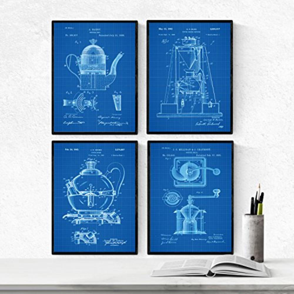 POSTER Set mit 4 BLAU cafeteras Patenten A4 Schwarzer Rahmen - Schwarz, Papier (29.7/3cm) - Nacnic