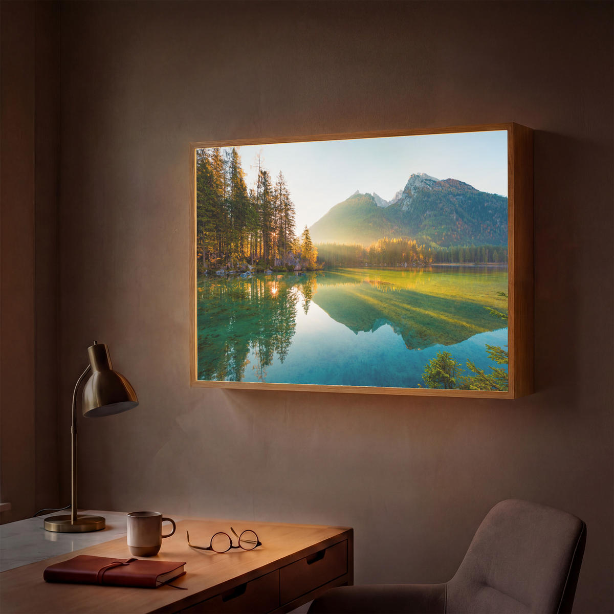 WANDLEUCHTE MIT AKKU See - Wald - Berge - Natur - Sonne - Landschaft 100x70 cm - Grün, Holzwerkstoff (100/70/8cm) - OnlyWow