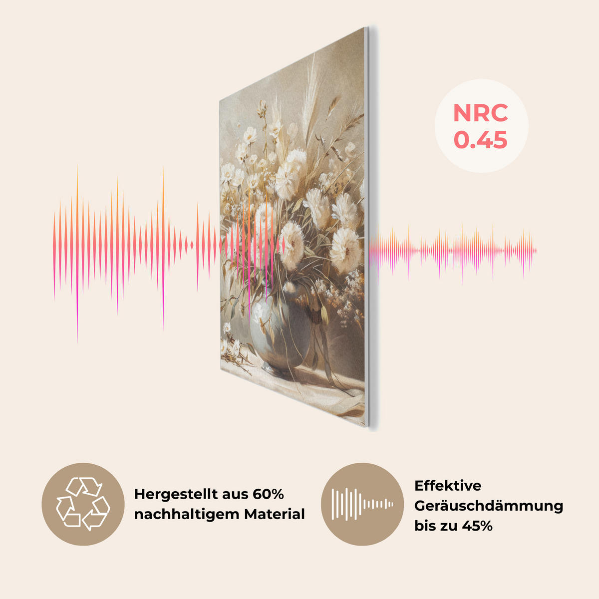 AKUSTIKPANEEL Blumen - Vase - Stilleben - Beige 60x80 cm - Creme, Textil (60/0.9/80cm) - MuchoWow