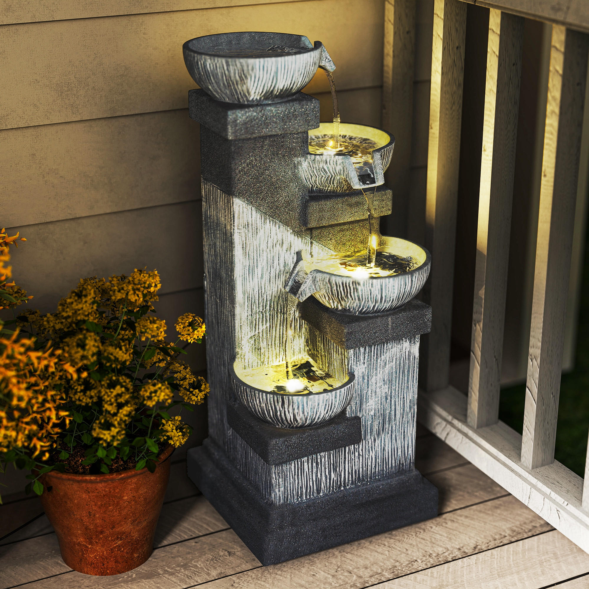 GARTENBRUNNEN DE-18874 4-stufige Kaskade mit LED Grau - Grau, Kunststoff (38/36/85cm) - ComfortXL