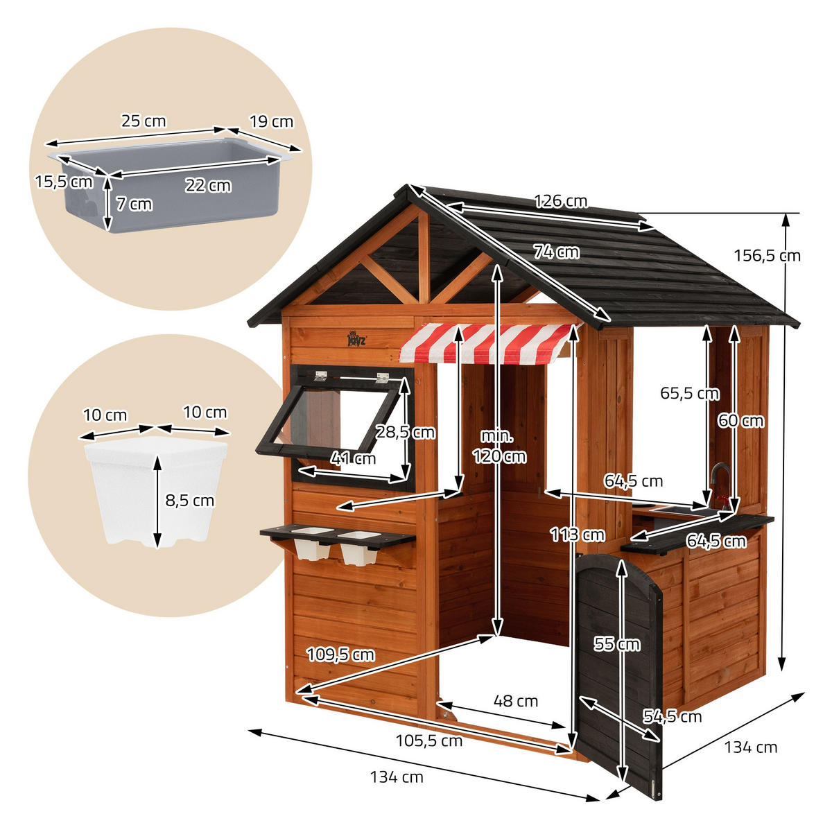 KINDERSPIELHAUS aus Tannenholz massiv 134 x 134 x 156,5 cm Braun - Braun, Holz (134/156.5/134cm) - Joyz
