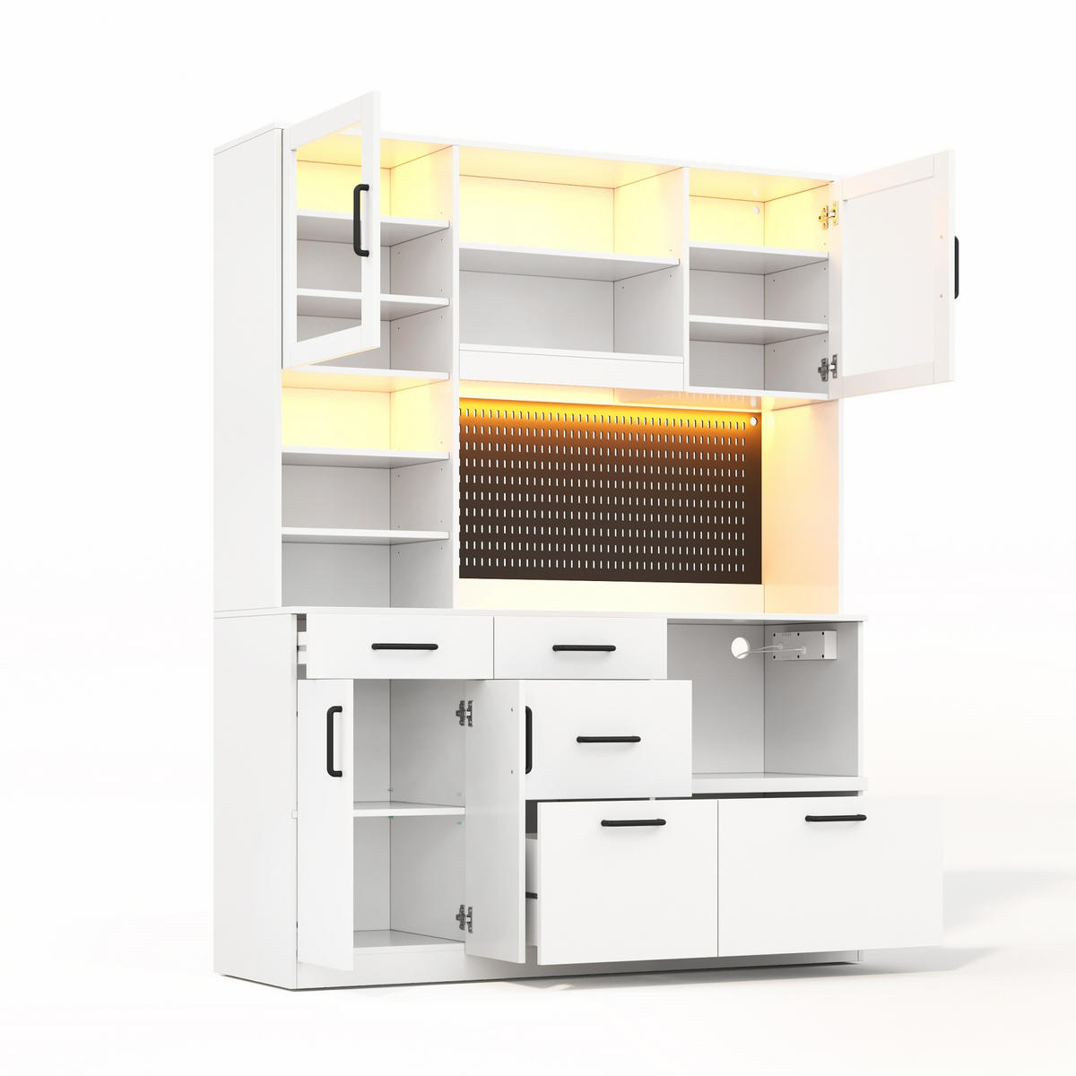 BUFFET 185 cm MDF Weiß mit RGB-LED, Lochplatte und Glasfront - Weiß, Holzwerkstoff (40/185/145cm) - Korfee