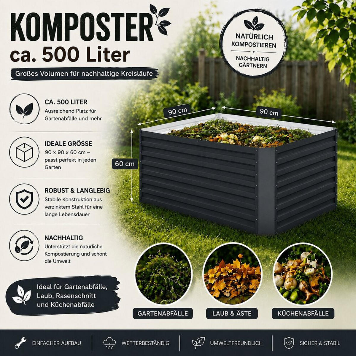 KOMPOSTER Garten, Anthrazit, 90 x 90 cm - Anthrazit, Metall (90/60/90cm) - Vicco