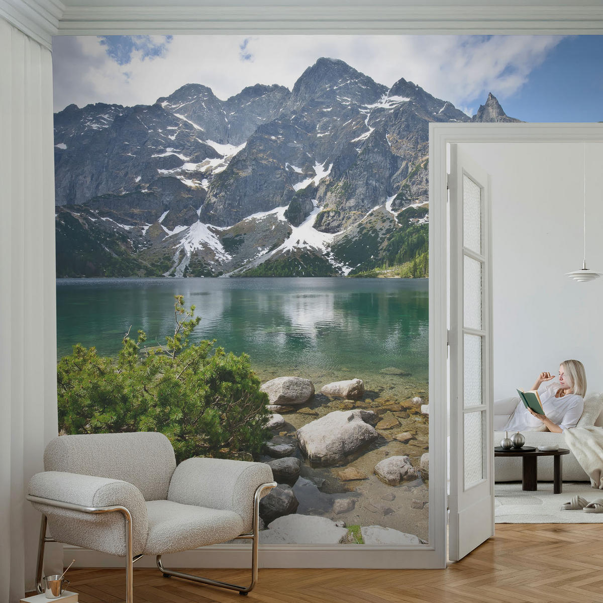 FOTOTAPETE 104x70 cm - Bergsee - Grün, Textil (104/70cm) - Wallfluent