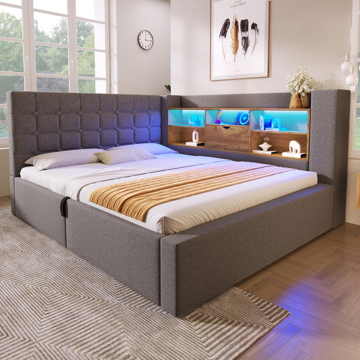 POLSTERBETT 140/200 cm in Grau Leinen mit Bettkasten, LED, USB und Type-C - Grau, Holzwerkstoff/Textil (140/200cm) - WISHDOR