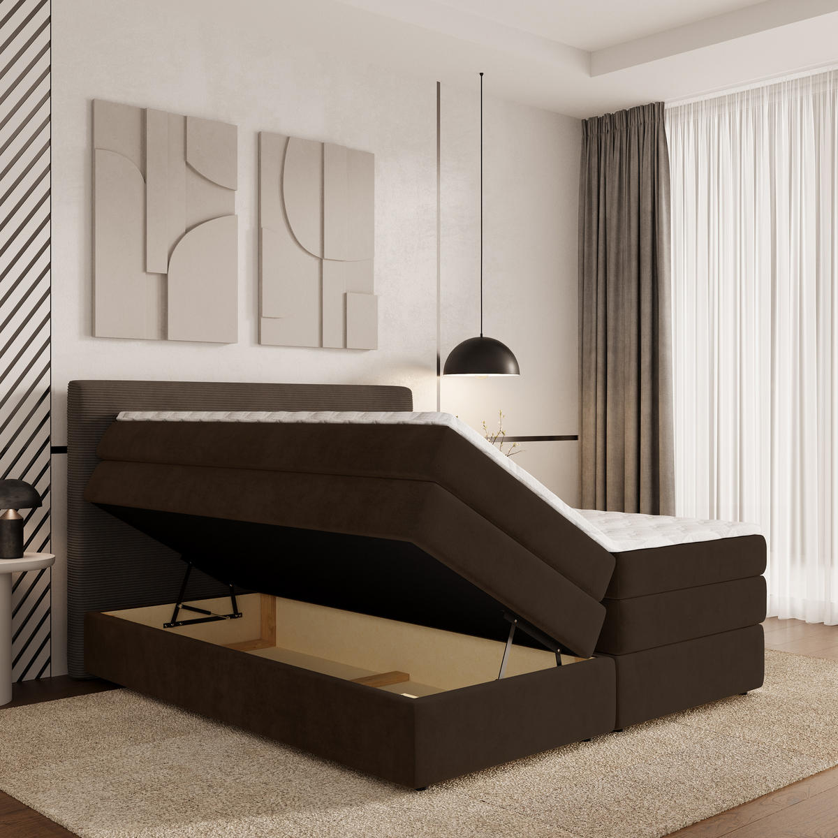 BOXSPRINGBETT MATERN 140x200 cm mit Matratze und Topper - Braun - Braun, Holz (140/200cm) - MASSENO