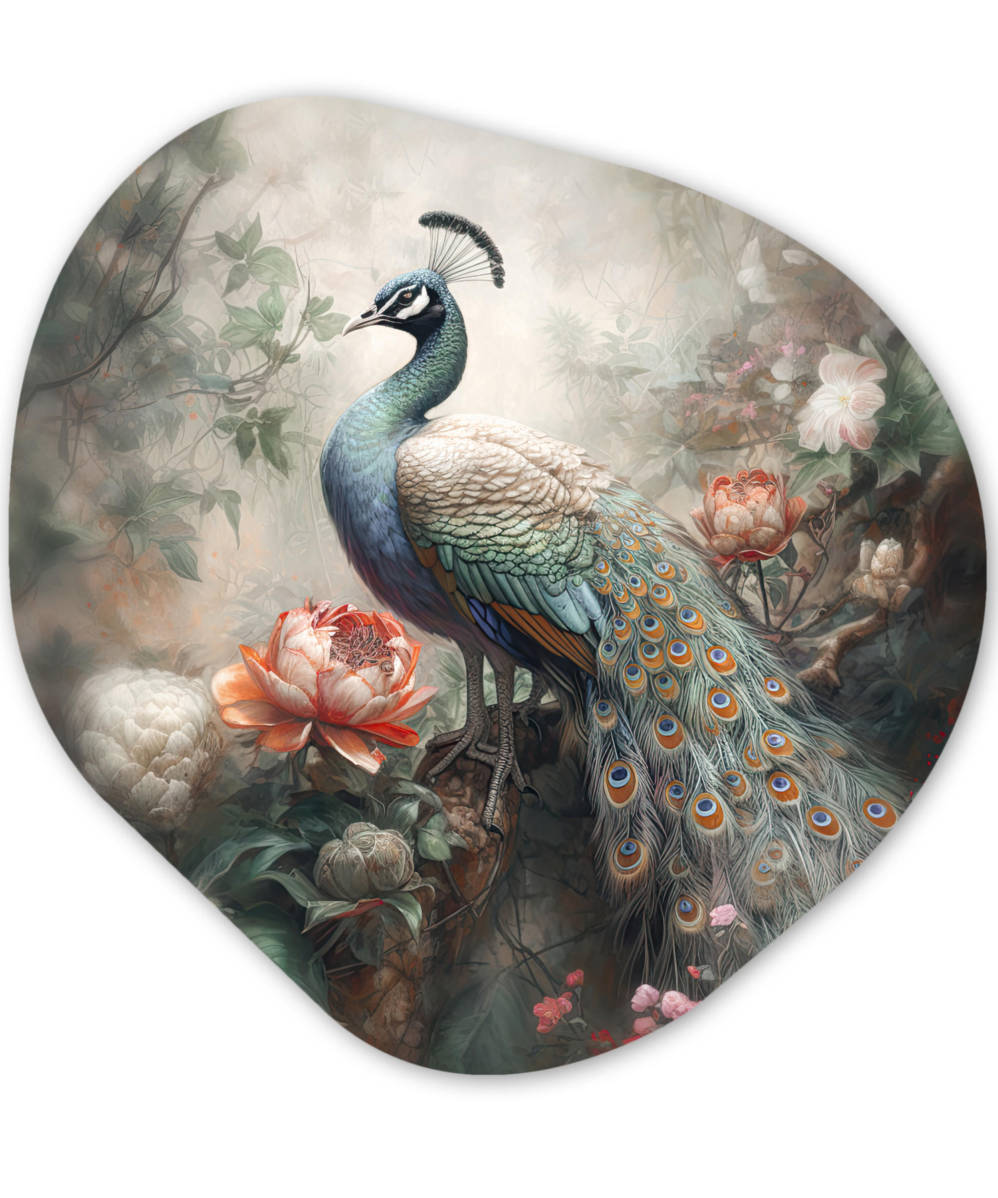 WANDBILD Pfau - Pfauenfedern - Vogel - Dschungel - Blumen 60x60 cm - Smaragdgrün, Kunststoff (60/60cm) - MuchoWow