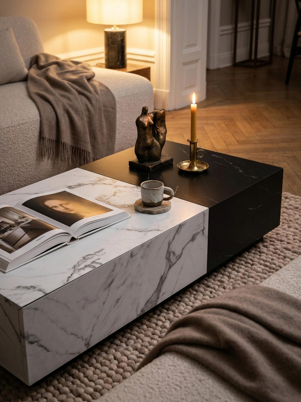 COUCHTISCH Weiß Schwarz Marmor-Optik 120x60x28 cm mit Schubladen und Stauraum - Schwarz/Weiß, Holzwerkstoff (60/120/28cm) - KADIMA DESIGN