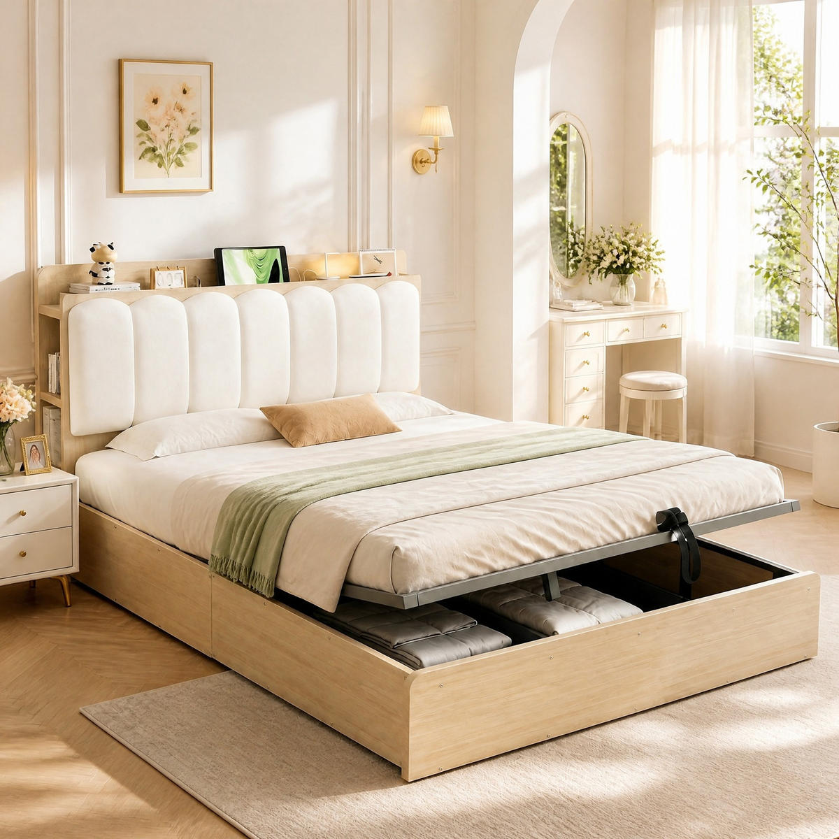POLSTERBETT 140/200 mit Bettkasten, USB und Kopfteilablage in Holzfarbe - Weiß/Naturfarben, Holzwerkstoff/Textil (140/200cm) - EVRYAE