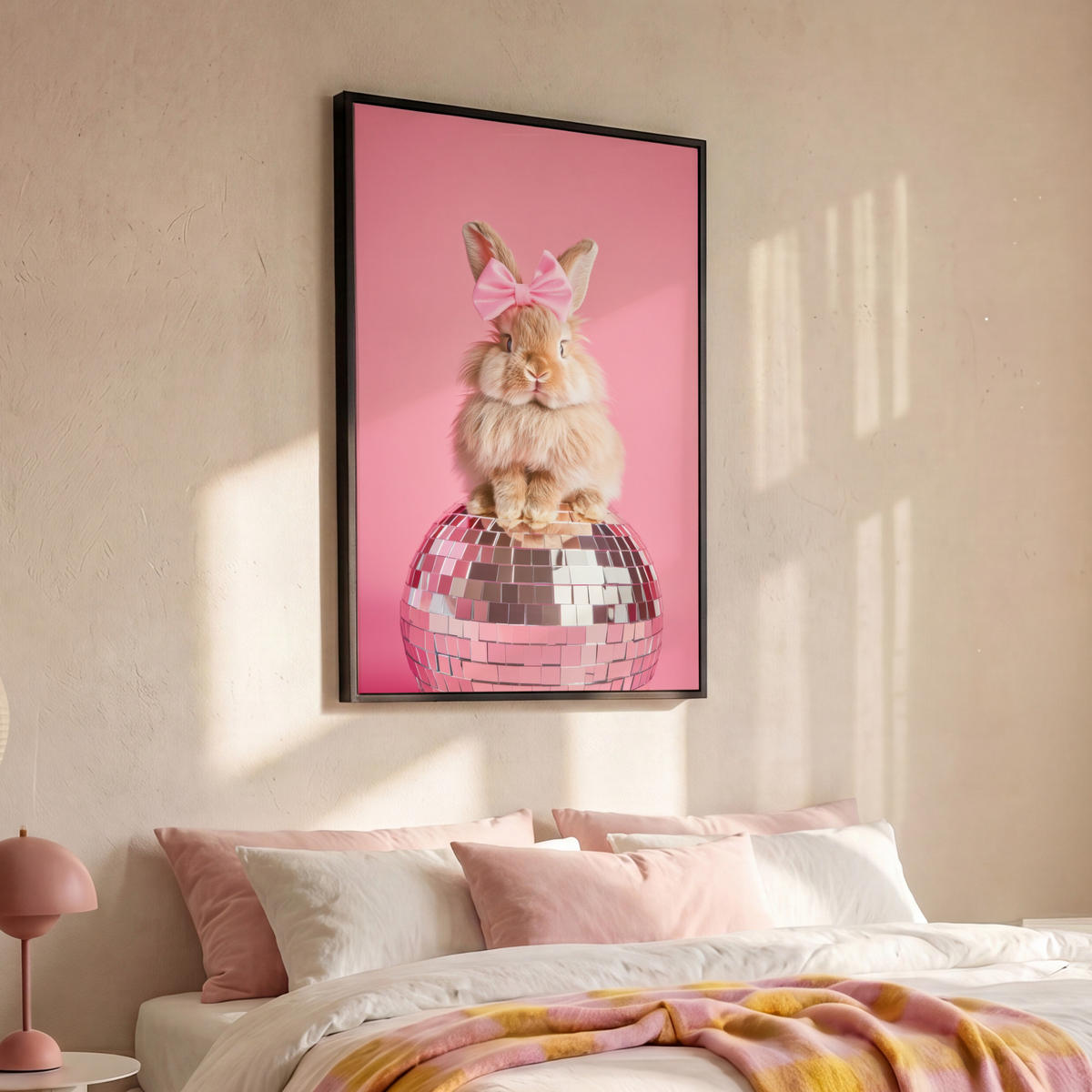 LEINWAND Bilder mit Rahmen - Schleife - Discoball - Kaninchen - 80x120 - Pink, Textil (80/120cm) - MuchoWow