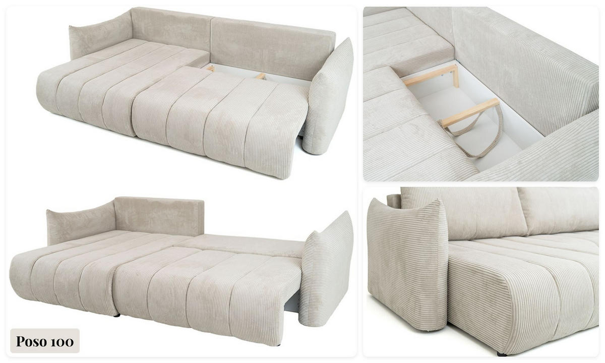 ECKSOFA Liv mit Schlaffunktion & Bettkasten in Cordstoff Grau, Universell 260/154/86 cm - Schwarz/Grau, Kunststoff/Textil (260/154cm) - WFL GROUP