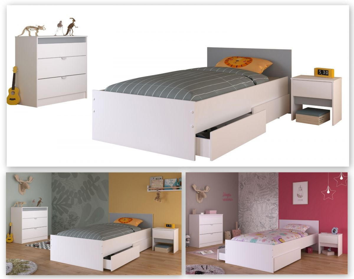 KINDERZIMMER weiß, grau oder rosa, Komplett-Set 4-teilig mit Stauraumbett 90x200 cm - Weiß, Holzwerkstoff (100/80/203cm) - Parisot Meuble